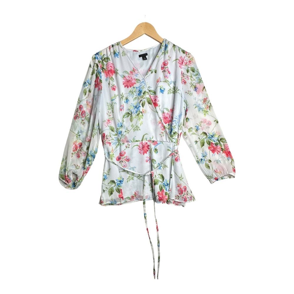 Ann Taylor Faux Wrap Tie‎ Waist Floral Print Blouse size 14 White